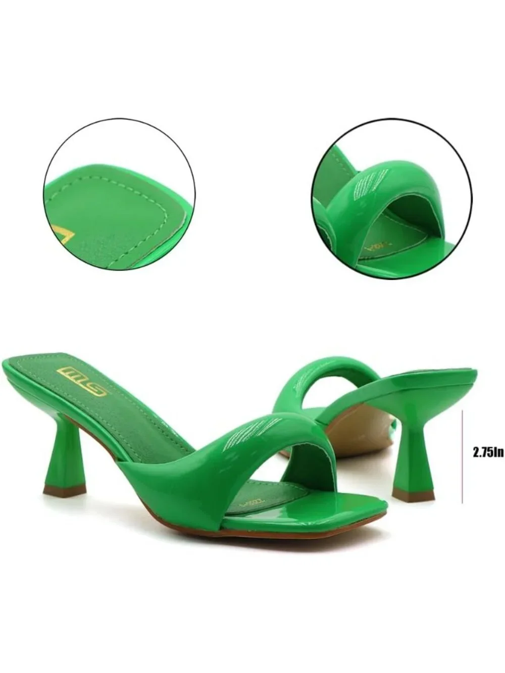 Women's Green Leather One Band Square Open Toe Fashion Backless Heel Sandals